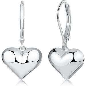 Silver Puffed Heart Leverback Dangle Drop Hypoallergenic Earring for Women